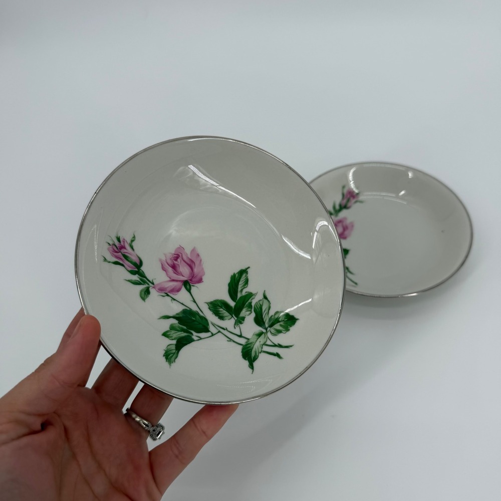 Embassy USA Vitrified China Pink Rose Fruit Bowls Set of 2 Silver Rim 5.5 inch